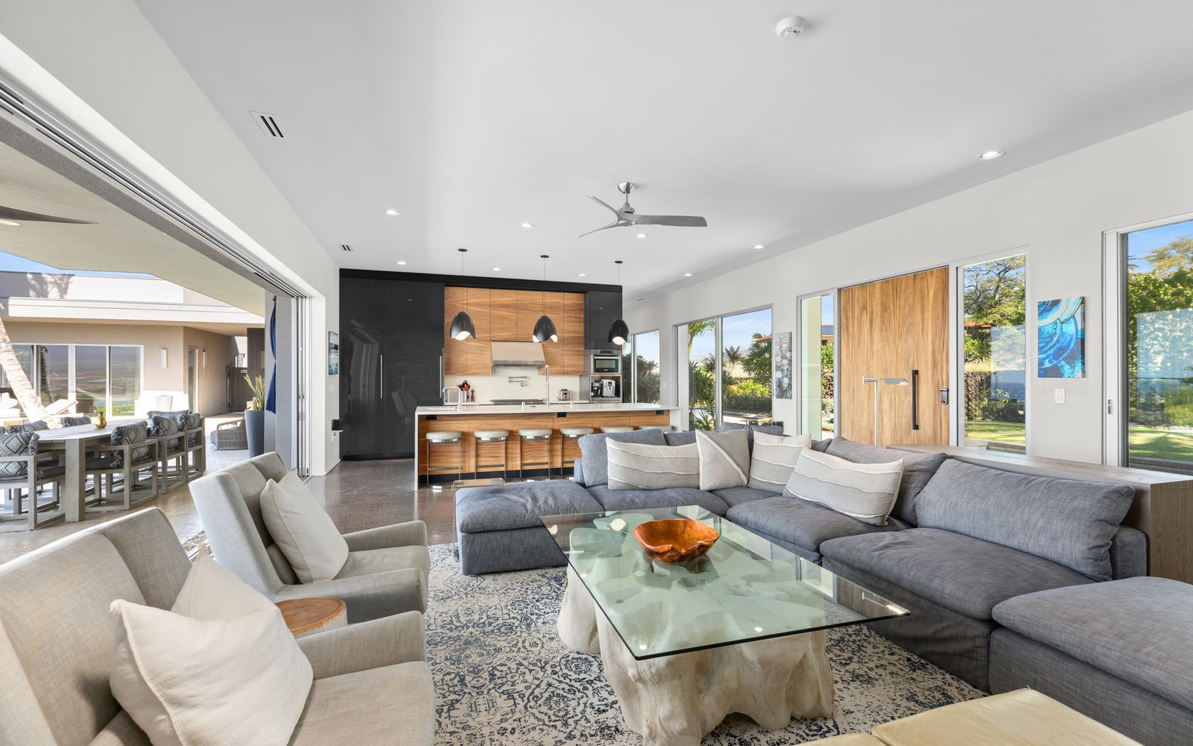 Great room and kitchen from dining side