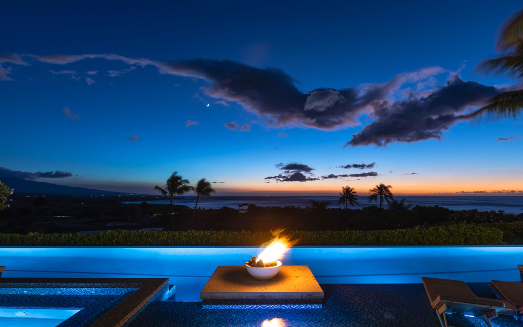 Pool fire bowl at dusk