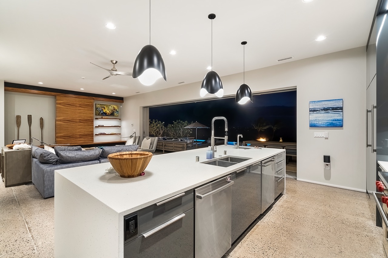 Kitchen island and lanai at twilight