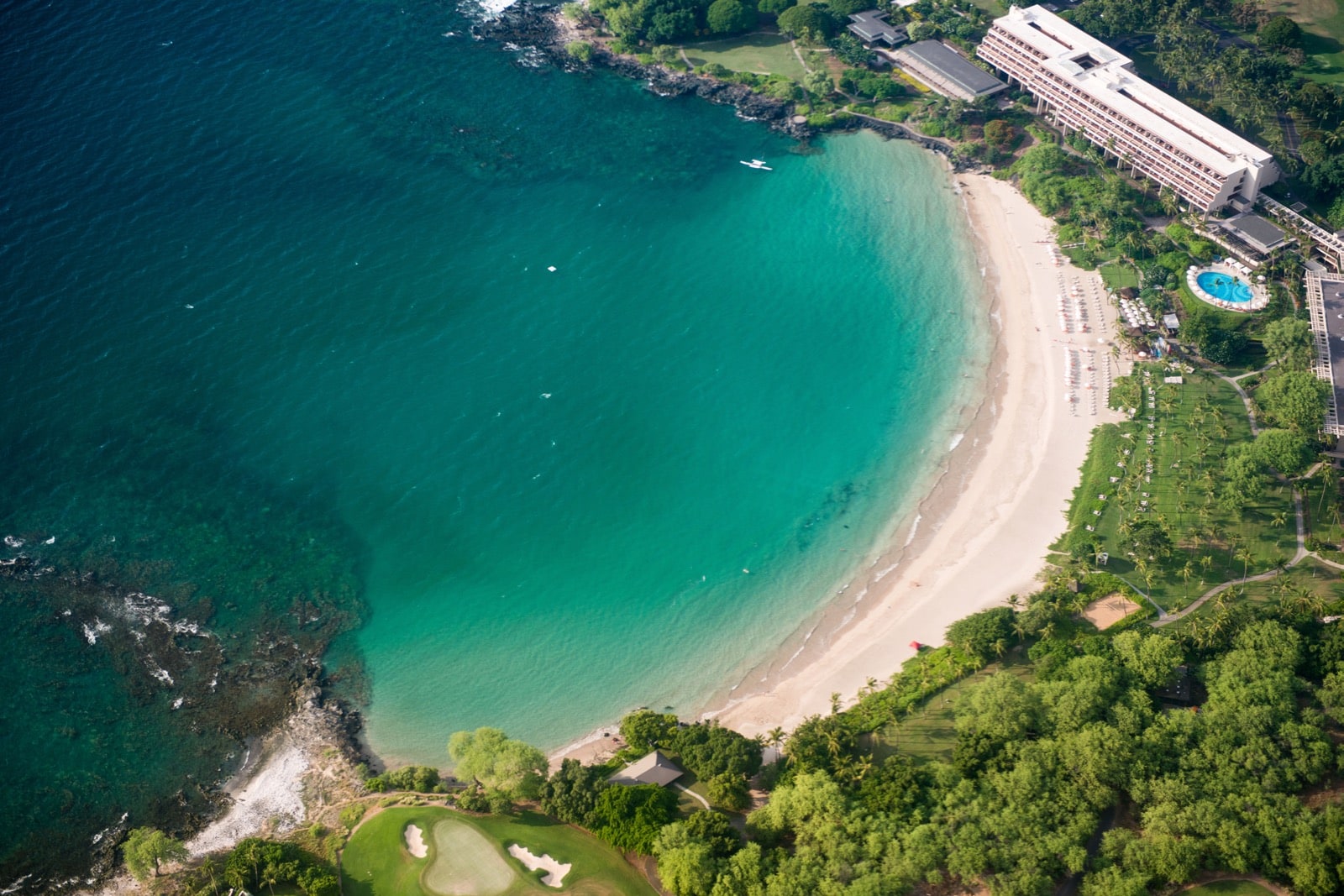 Aerial view of Kauna'oa Beach and Mauna Kea Beach Hotel